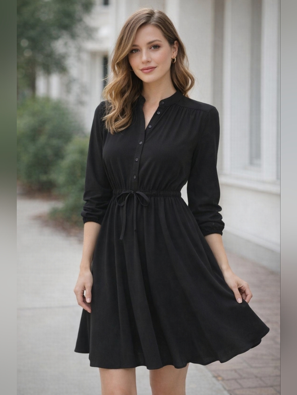 EVER NEW Black Long-Sleeve Drawstring Waist Dress